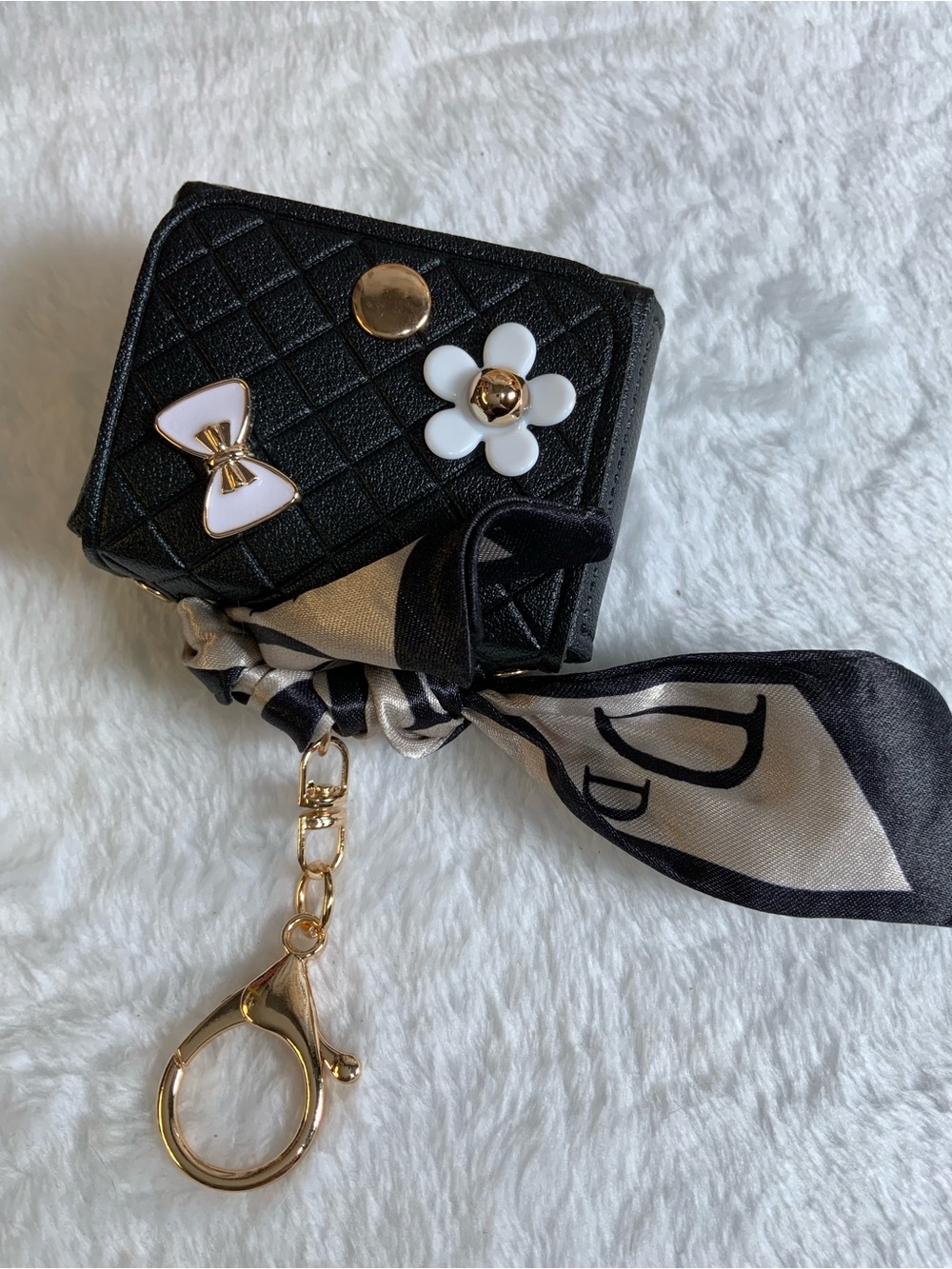 Black Quilted Key Pouch with Gold Hardware and Scarf Accent
